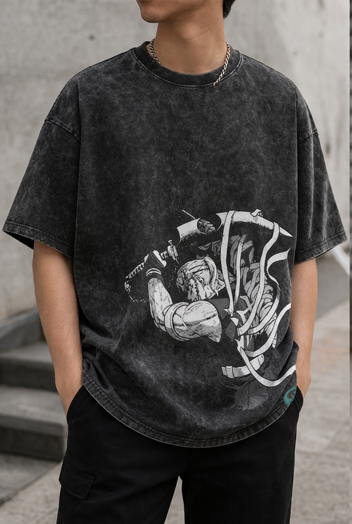 Cybernetic Warrior Acid Wash T-Shirt | Oversized Black T-Shirt